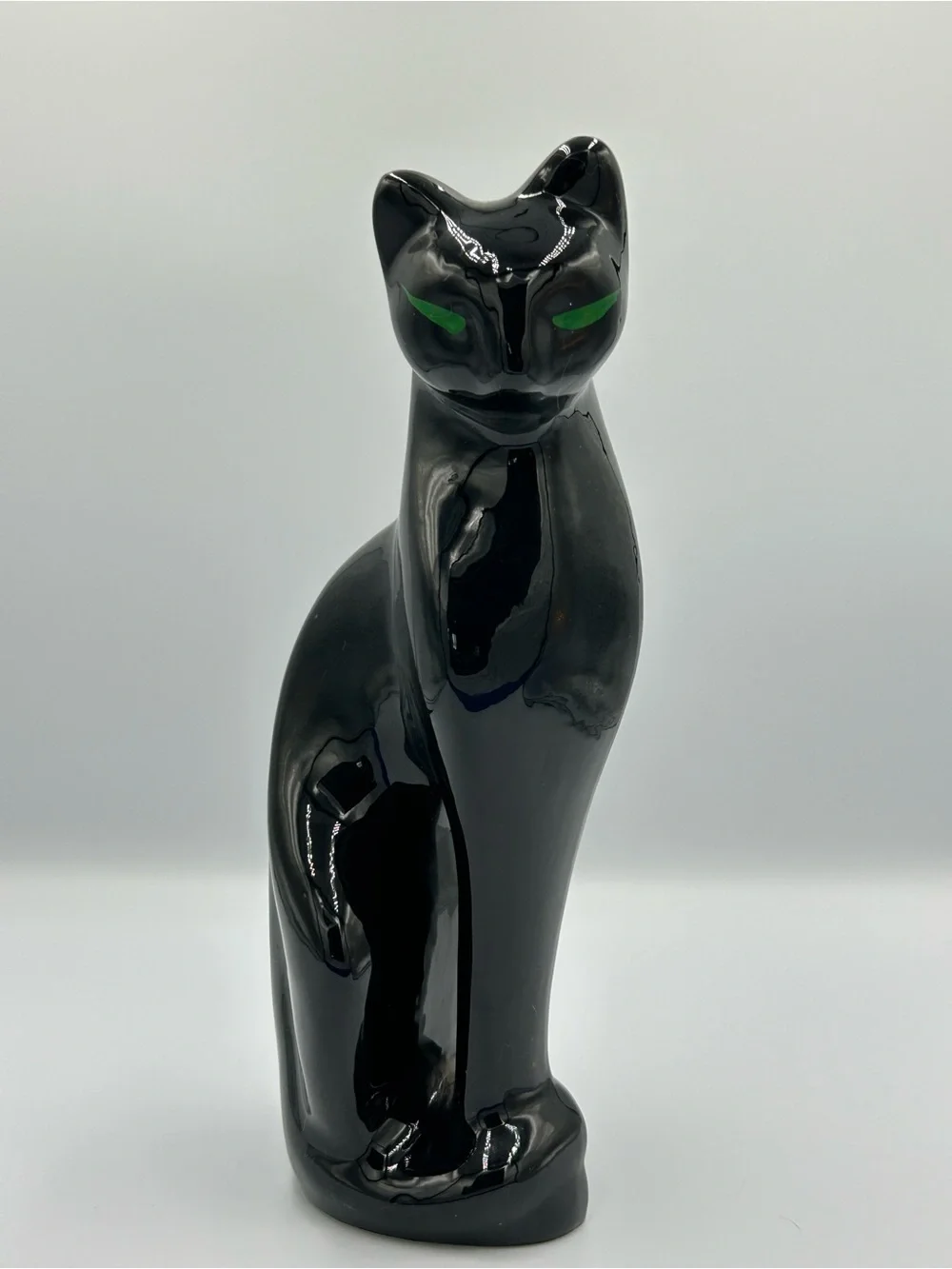MCM Black Ceramic Cat Figurine with Green Eyes Mid Century Modern